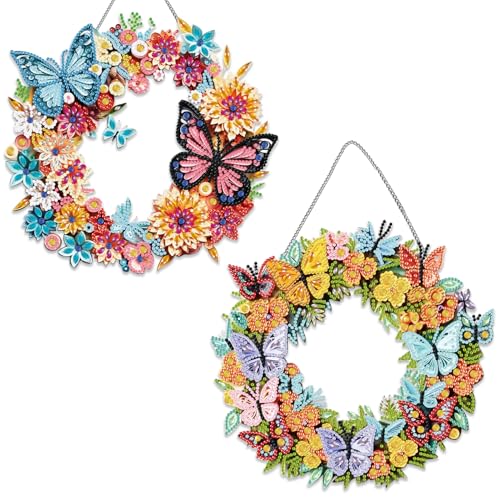 Fokenzary Kits de Arte de Diamantes para Adultos Pintura de Diamante 5D Kit de Colgante Mariposa Guirnalda DIY Pintura Especial con Gemas Señal Colgante (24 * 24cm*2pcs)