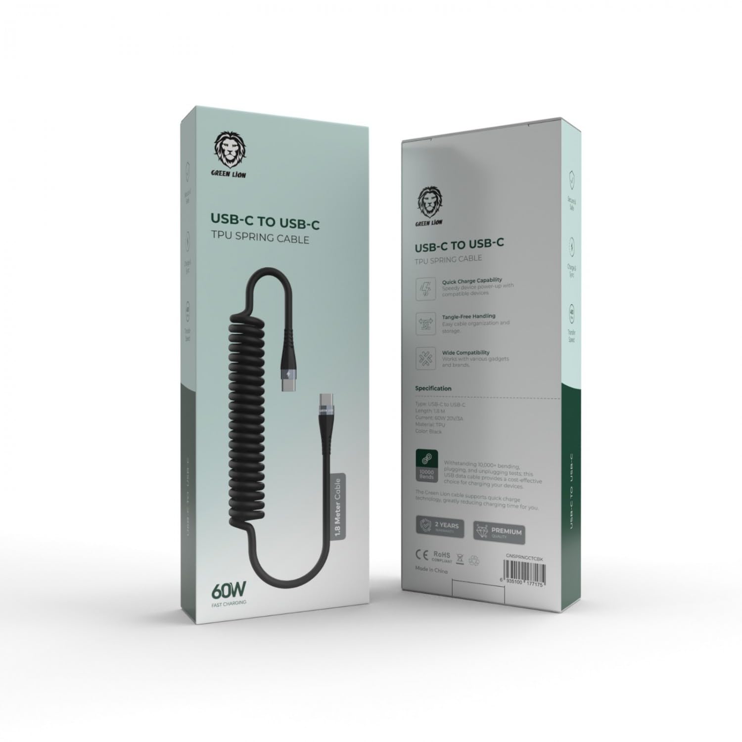 Green Lion60W TPU Spring Cable USB-C to USB-C Cable 1.8 Meter - Black