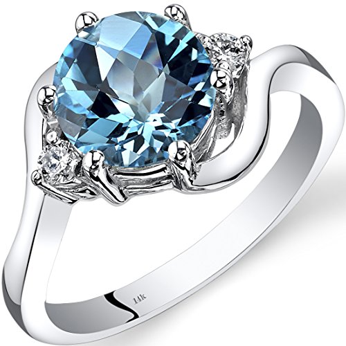 Peora Swiss Blue Topaz And Diamond Ring For Women 14K White Gold, Natural Gemstone Birthstone, Bypass Solitaire Design, 2.25 Carats Round Shape 8Mm, Size 7 #TOP7