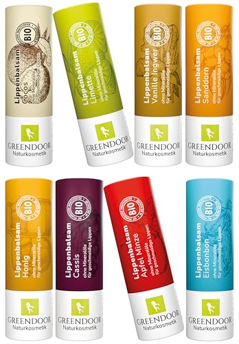 GREENDOOR Lippenpflege-Set TUTTI plastikfrei, 8 verführerische pflegende Naturkosmetik Lippenbalsam-Stifte, SPARPREIS, natürliche Lip-Balms mit Bio Jojobaöl, Natur Lippen Schutz Sparset