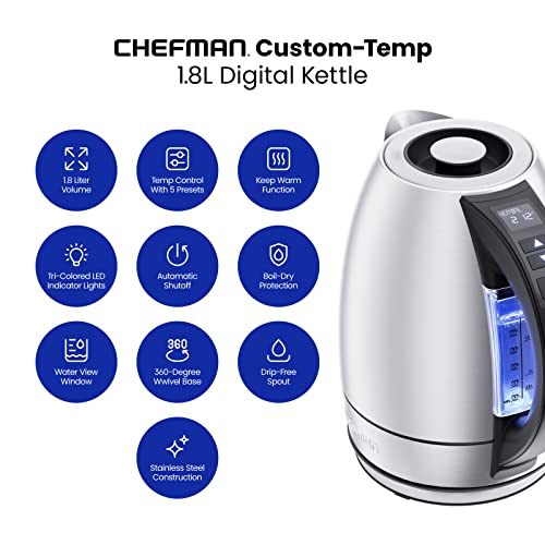 Chefman Electric Tea Kettle, 1.8 Liter Hot Water Electric Kettle Temperature Control Water Boiler with 5 Presets, Tri-Colored LED Lights, Keep Warm, Automatic Shutoff, Stainless - image 2