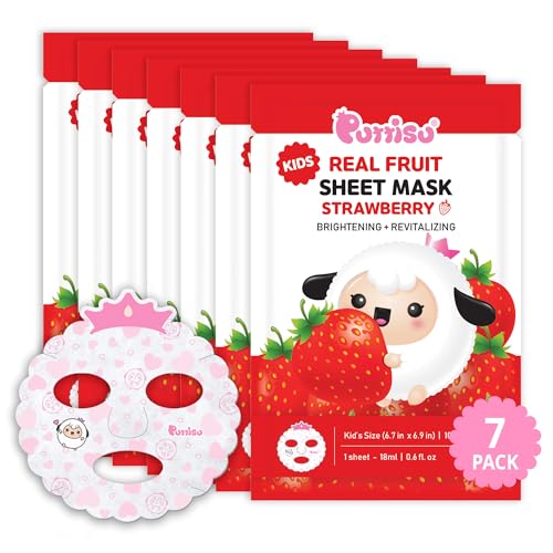 Puttisu Real Fruit Facial Mask Sheet for Kids Children - Made with 100% Cotton Moisturize Sooths and Hydrates Skin (Strawberry- Pack of 7)