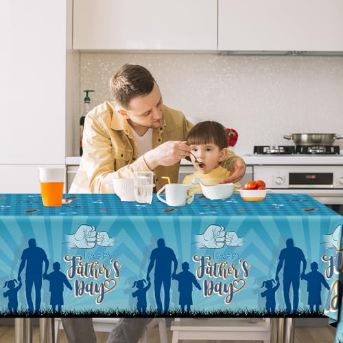 Image of 3Pcs Fathers Day Tablecloths - Blue Happy Fathers Day Rectangular Plastic Table Covers for Party Supplies, Size 70.8X42.5in