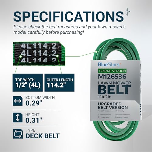 Image of [Upgraded Grip120] BlueStars M126536 Mower Deck Belt 1 /2 inch x 114.2 inch | For 38 inch & 42C Deck J-Deere LT133 LT150 LT155 LT160 LT166 LT180 Cub Cadet Lawn Mowers Replaces 01005375 01005375P Aramid Cord