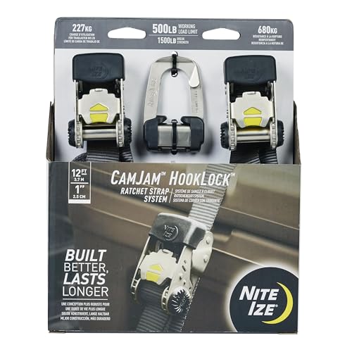 Nite Ize CamJam HookLock Ratchet Strap System - Adjustable, Heavy-Duty Tie Down Straps - Cargo Attachment with Spring-Actuated Hooks - Includes Ratchets, Hooks, Webbing & Storage - Small (2 Pack)