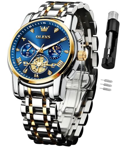 OLEVS Watches for Men Stainless Steel Chronograph Big Face Easy to Read Analog Quartz Watches Two Tone Date Diamond Dial Dress Wrist Watch Reloj De Hombre Gold Blue -  HG-US-2856-JL