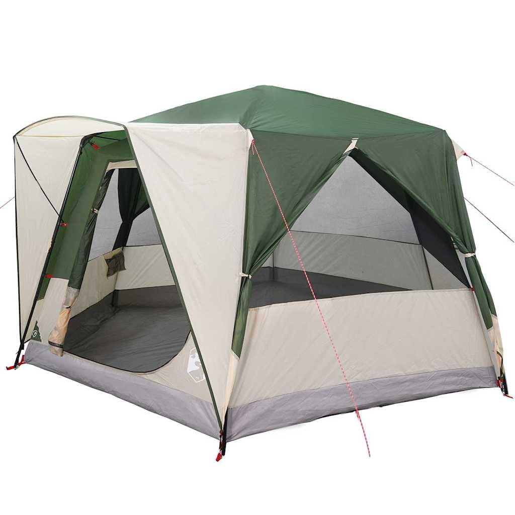 Tienda familiar para 5 personas, verde, 185T poliéster, 333 x 317 x 194 cm, resistente a los rayos UV, impermeable, con bolsa de transporte para camping