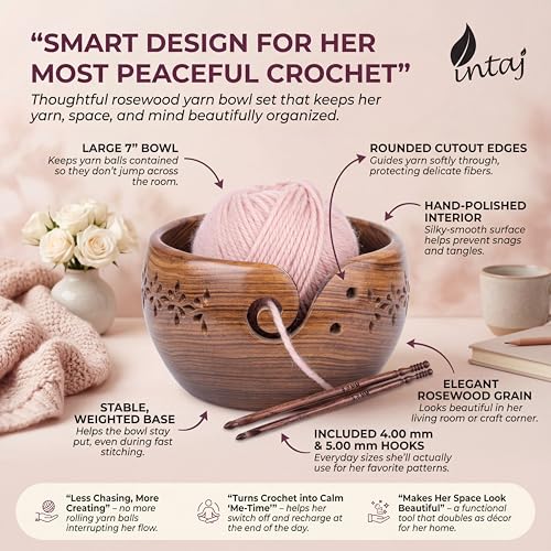 Image of Rosewood Yarn Bowl with 2 Crochet Hooks for Knitting Crochet