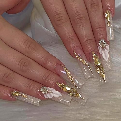 MERVF Long Press on Nails Square Fake Nails Ombre French Tip Glue...