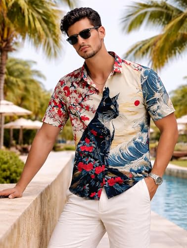 Image of Men's Watercolor Lion Print Button-Down Shirt, Short Sleeve, Casual Summer Wear, White