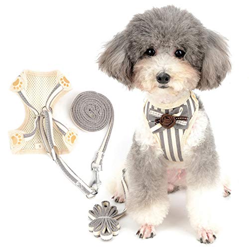 ベスト夏服 ストライプ 超小型犬 小型犬 ハーネス リード セット かわいい 花の弓 縞柄 胴輪 犬 子犬 猫 用 ソフト メッ おしゃれ はーねす 安全 軽量 通気 ひんやり 調節可能 散歩用 出かけ用,グレー XL