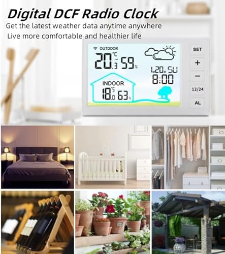 Wetterstation Funk mit Außensensor, Digital DCF-Funkuhr Funkwetterstation mit Innen und Außen Temperatur/Luftfeuchte, Wettervorhersage, Uhrzeitanzeige,Wecker, Digital Wetterstation zum Stellen/Hängen