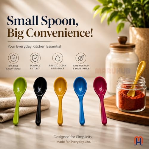 Image of MaruHub 10Pcs Plastic Spoons for Masala Jar, Multicolor Reusable Kitchen Spice Condiment Scoops, Small Baby Food & Candy Spoon Set, Non-Toxic BPA-Free Spoons for Home & Cooking (11 x 2.5 cm)