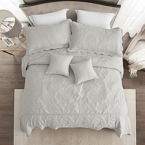 Image of Oversized King Bedspread 128x120 Extra Wide, Stitched Paisley Cotton Quilt Set King /Cal King, Lightweight Reversible Coverlet, Scalloped Edge - Modern Classic Look, 5 Piece, Grey