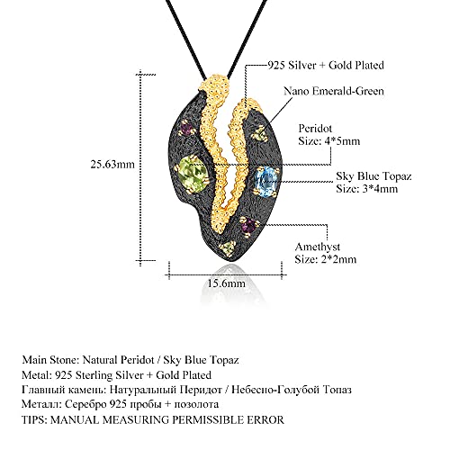 Kemstone Designer Gemstone Necklace S925 Sterling Silver with Natural Peridot/Amethyst/Topaz Pendant,18"2