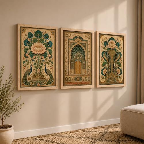 Image of NoWorries Elephant Peacock Wall Art Set of 3 Framed Prints | Indian Traditional Lotus Floral Painting, Royal Palace Arch Poster, Vintage Rajasthani Ethnic Wall Decor for Living Room Bedroom Home (Synthetic Engineered Wooden Frame) (MIN -5, 25x37 inches)
