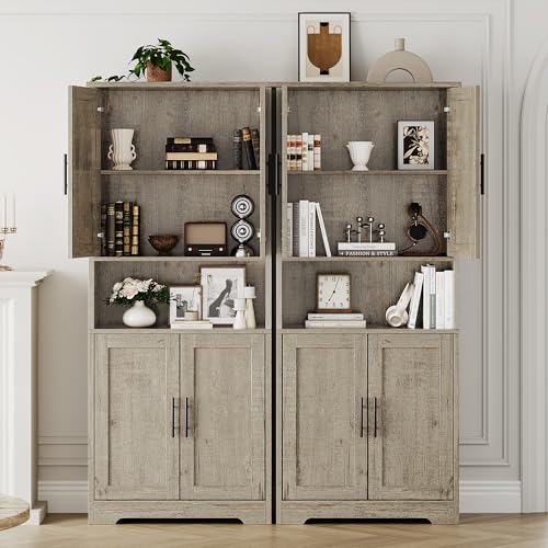 Image of 70 inch Tall Kitchen Pantry Cabinet,Modern Kitchen Hutch with Microwave Stand & Adjustable Shelves,Ideal for Dining Room, Bathroom, Laundry Room - Modern and Functional Design.Grey.