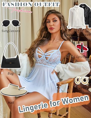 Image of Avidlove Women Lingerie Lace Babydoll Sexy Chemise Nightwear Teddy V Neck Sleepwear Boudoir Outfits