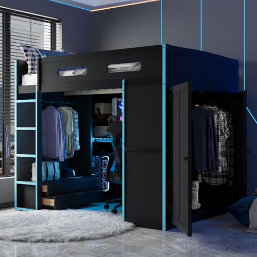 Image of Harper & Bright Designs Full Size Loft Bed with Desk, Wardrobe, Ample Storage Space, Solid Wood Gaming Loft Bunk Bed Frame with RGB Lights, No Box Spring Need, Space-Saving, Cloud Blue