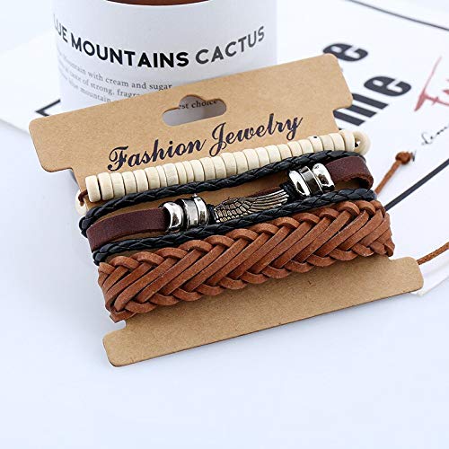 Bracciale Da Uomo In Pelle, Vintage Ala Punk Fascino Beige Perline Di Legno Multistrati Bracciali Schiave Unisex Braccialetto Gioielli Accessori Festival Giovane Dono Amicizia 3Pz/Set Marrone Nero - Foto 3