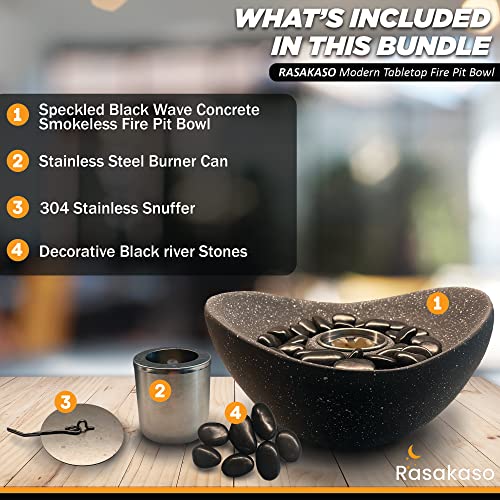 Rasakaso Modern Tabletop Fire Pit Bowl - Portable Concrete Smokeless Fire Pit For Smores, Lighting & Centerpiece Decor - Long Burn Time, Odorless - Small Indoor & Outdoor Fireplace - 11X10X5.1, Black #TOP4