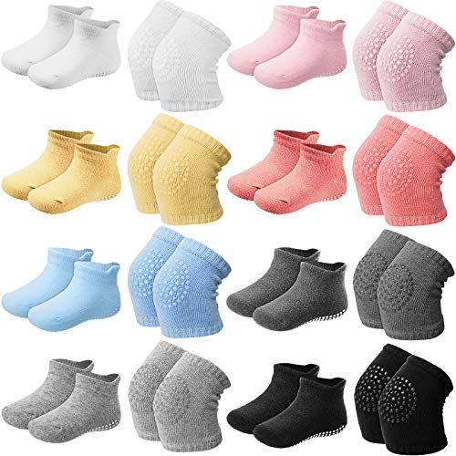 16 Pairs Toddler Knee Pads and Grip Crawling Socks Adjustable Elastic Baby Crawling Knee Pads for 1-3 Years Old Babies