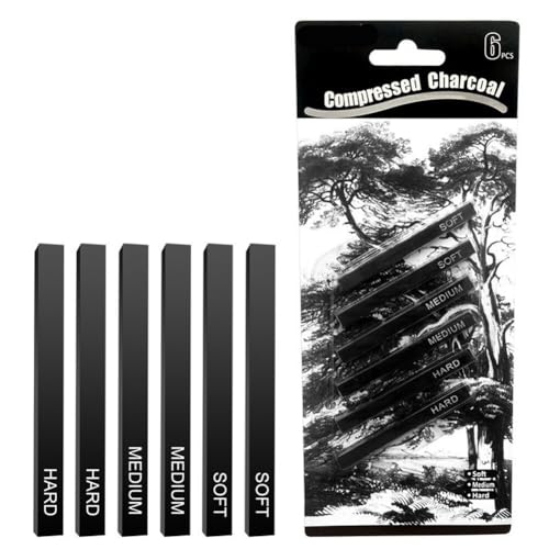Artist Compressed Charcoal Sticks for Sketching, Drawing, Shading, Soft, Medium, Hard, Art Supplies Sketch Kits Tools, Square Willow Charcoal Sticks, 6-Piece Boxed, Type 1