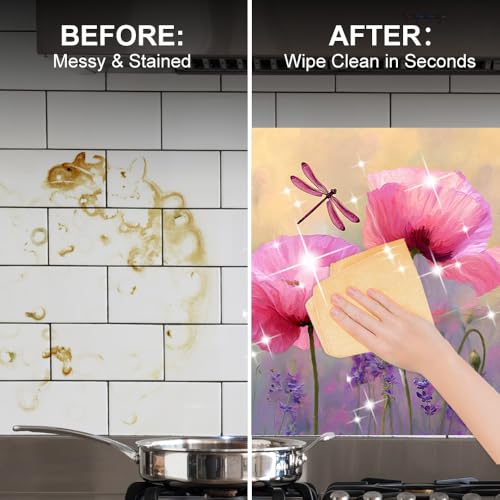 Image of Pink Poppy Dragonfly Backsplash Peel and Stick, 35.4x23.6 in