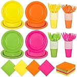 Kochorie 350 Pieces Neon Dinnerware Set, 7 & 9 inch Dessert Paper Plates Cups Napkins Plastic Cutlery Disposable Party Supplies for Neon Glow Party Birthday Baby Shower Wedding, Serve 50 Guests