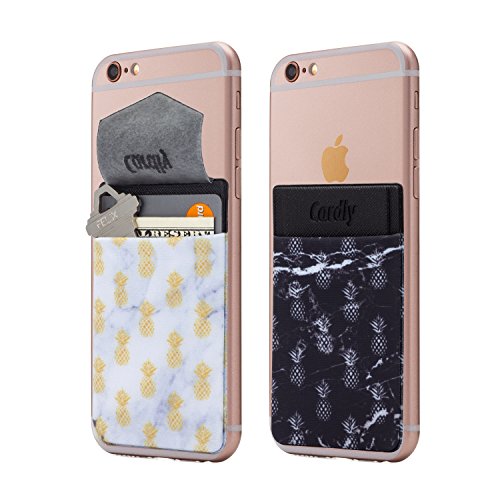 (Two) Secure Cell Phone Stick On Wallet Card Holder Phone Pocket for iPhone, Android and All Smartphones. (Marble Pineapple)