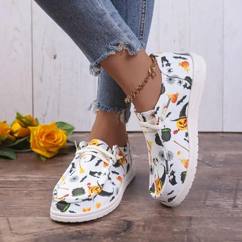 2025 Women Fashion Halloween Canvas Sneakers,Skeleton Pumpkin Printed Walking Shoes for Women,Casual Lace Up Low Top Comfortable Walking Canvas Sneakers Skeleton,Slip on Flats Pumpkin Shoes