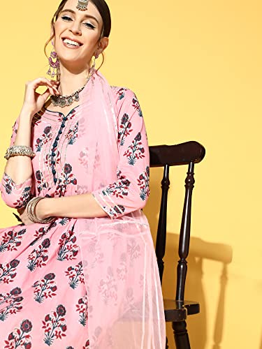 Image of INDO ERA Women's Cotton Blend Floral Printed A-Line Kurta With Pant & Dupatta Set (21GGG3904 Pink)
