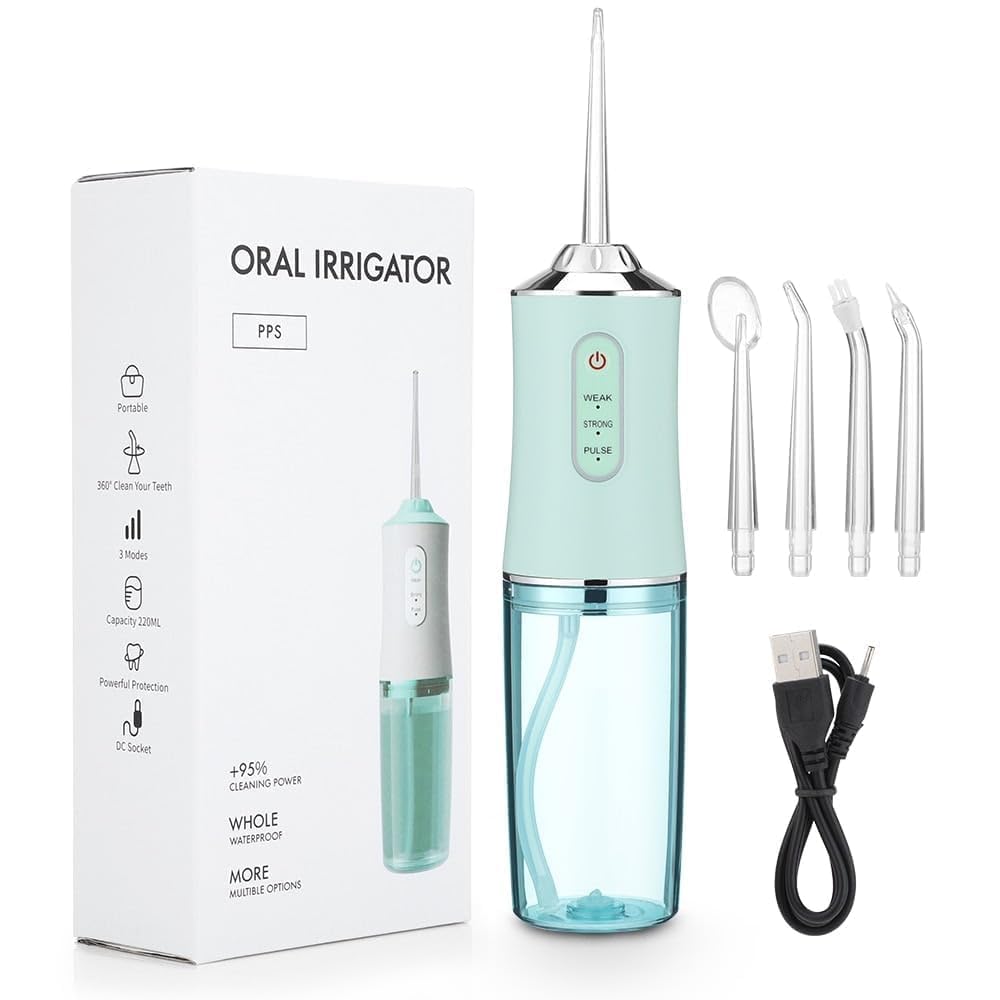 portable oral irrigator water flosser, 220ml water tank, 3 modes, rechargeable dental water flosser with 4 replaceable nozzle tips, usb charging cable for teeth & gum cleaning