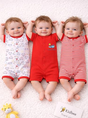 Image of Kidbee Infant Cotton Romper Set Pack of 3, Half Sleeve Front Open Bodysuit Jumpsuit for Baby Boys & Girls, 0-9 Months