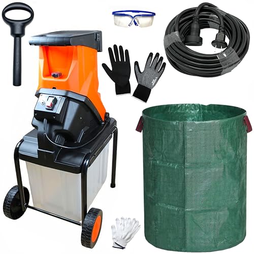 【屋外用延長コード10m・大容量297L ガーデンバッグ 他付】 YARD FORCE 枝シュレッダー YF5458 カッター式 「 タイヤ付 ガーデンシュレッダー 」＋【 防雨延長コード10m・大容量297L多目的ガーデンバッグ・グローブ・軍手・保護メガネ・押込み棒 付】 ヤードフォース YARDFORCE 【PROSTAR/Pack】