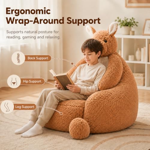 Image of 31 Inhces Memory Foam Bean Bag Chair - Ultra Soft Faux Rabbit Fur Sofa with Handle & Machine Washable Cover, Comfy Lazy Chair for Kids Teens, Perfect for Reading Gaming in Living Room Bedroom,Brown