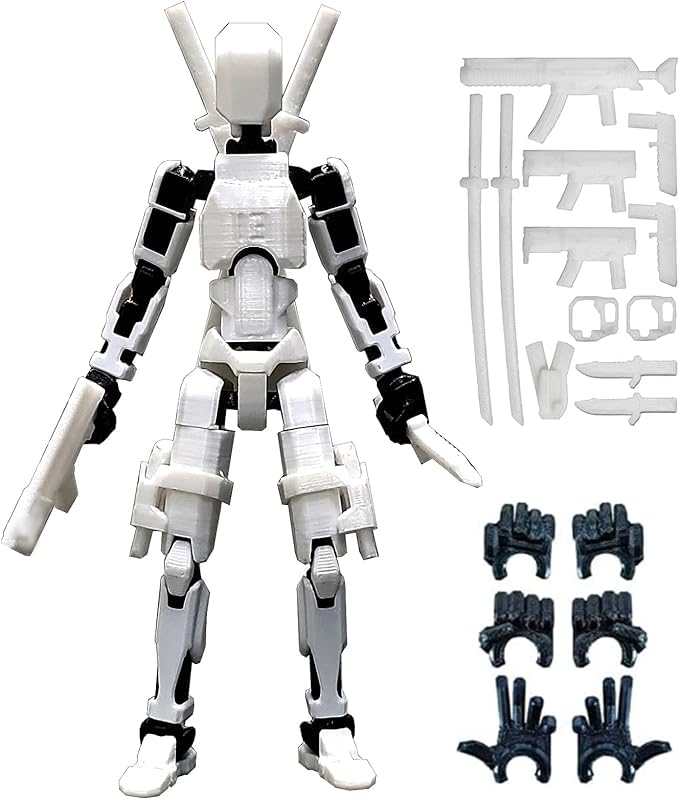 (Assembly Completed) 3D Printed T13 Action Figure, Dummy 13 Collectible Action Figure Articulated, for Collectors Desktop Decorations,muñeco de acción (White Black)