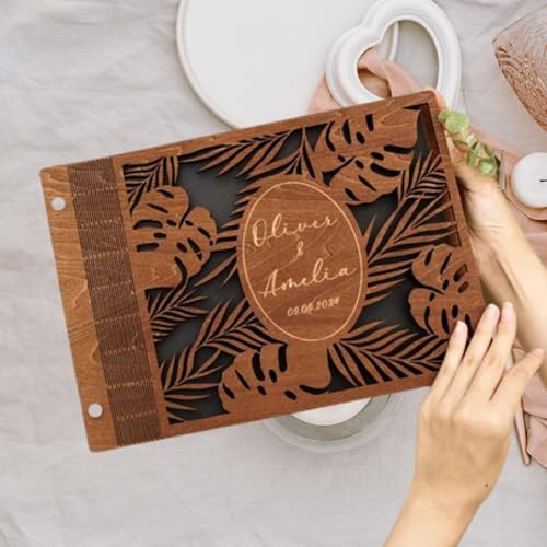 Hieprints Personalized Wedding Guest Book Cover– Custom Engraved Wooden Guestbook