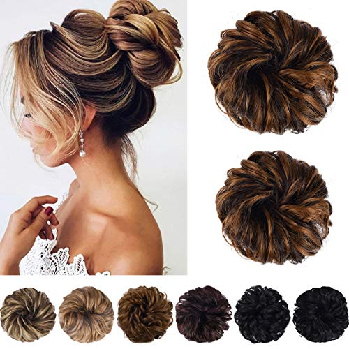 SEIKEA Messy Bun Hair Piece Tousled Thick Updo Hair Scrunchies Hair Extensions Curly Wavy Ponytail Hairpieces with Elastic Rubber Band Hair Accessories 2PCS Dark Brown Strawberry Blonde Highlights