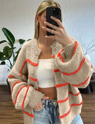 Image of QIBABU Womens Striped Cardigan Sweaters Casual Open Front Long Sleeve Button Down Knit Outwear