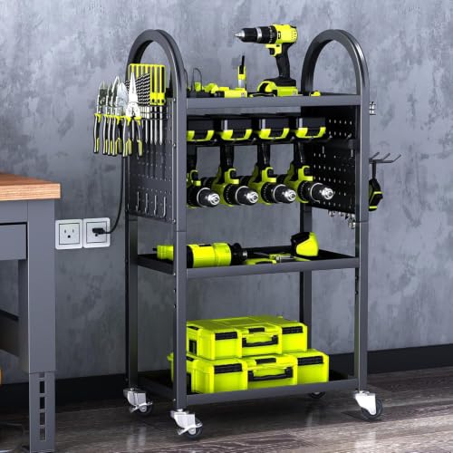 KAFAHOM Power Tool Organizer - 4 Tier Rolling Tool Cart with 8-12 Drill Holder Tool Storage Cart on Wheels - Heavy Duty Metal Utility Tool Shelf for Garage Workshop Warehouse & Repair Shop