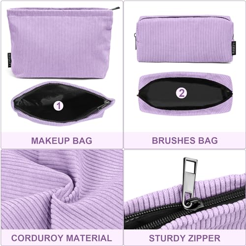 MAGEFY Small Makeup Bag 2 PCS Corduroy Make up Bag for Purse Large Capacity Travel Cosmetic Bag for Women Zipper Makeup Pouch for Travelling Preppy Stuff - Purple3