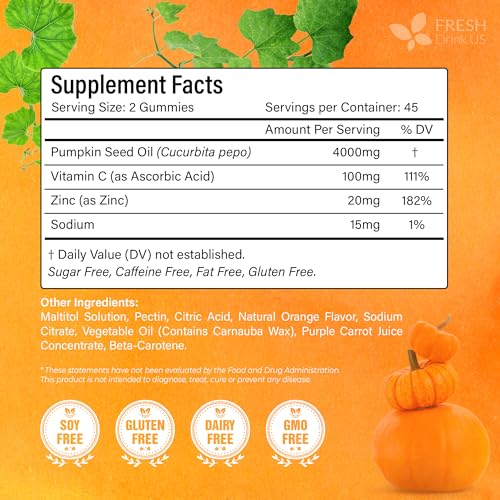 Image of FreshDrinkUS, Premium 90 Pumpkin Seed Oil Gummies for Hair Growth, Youthful Skin, 4000mg per Serving with Zinc & Vitamin C - Plant-Based, Non-GMO, Sugar /Gluten-Free, Men's & Women's Wellness Gummy