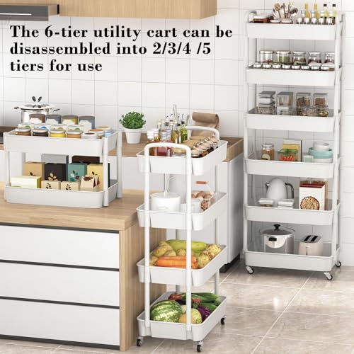Image of Sywhitta 6-Tier Plastic Rolling Utility Cart with Wheels for Storage,White | Multi-Functional Storage Trolley, for Office, Living Room, Kitchen, Bathroom,Movable Organizer,Space-Saving,Easy to assemble