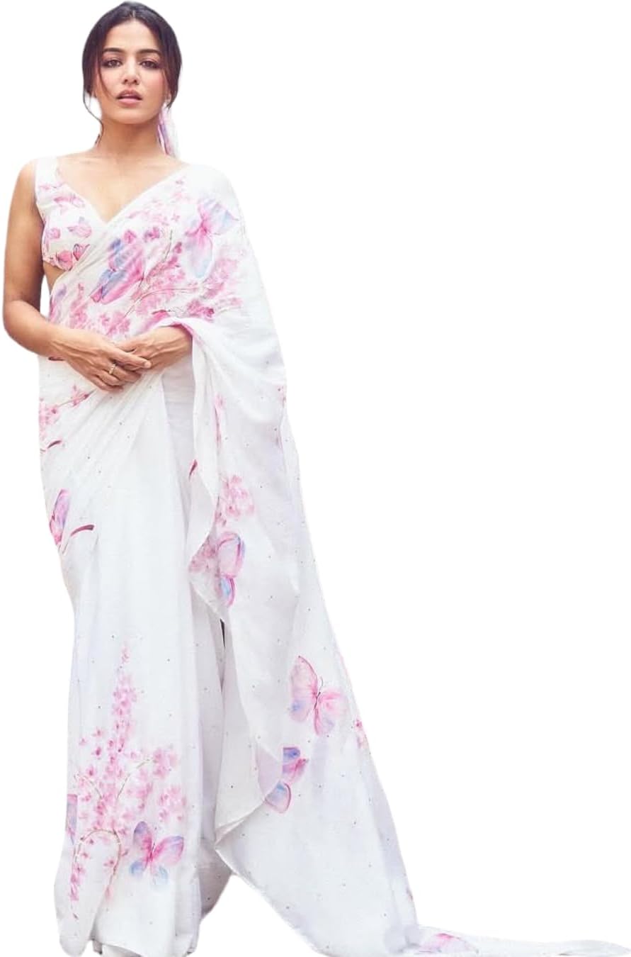 Alia Bollywood Party Wear Saree Designer Celebrity Inspired Saree for Women Weddings and Parties (White-1)