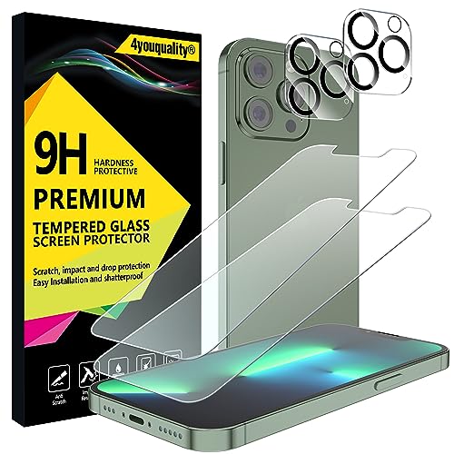 4youquality [4-in-1 Screen Protector for iPhone 13 Pro with Camera Lens Protector Tempered Glass Film 2-Pack Each [LifetimeWarranty][Impact-Resistant][Anti-Scratch][Ultra-Transparent]