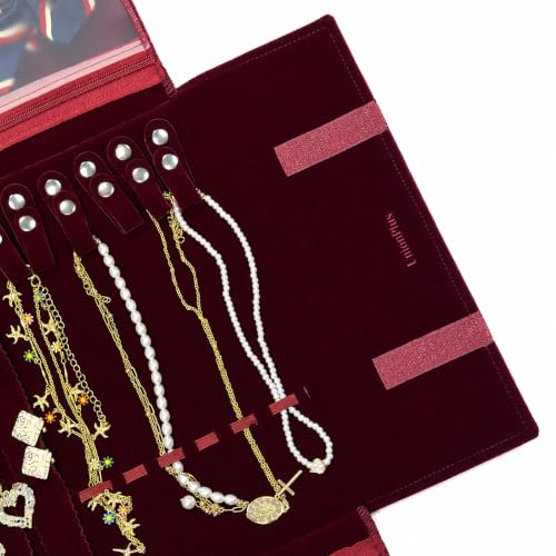 Image of UnionPlus Travel Jewelry Roll Organizer Multiple Compartments, Burgundy