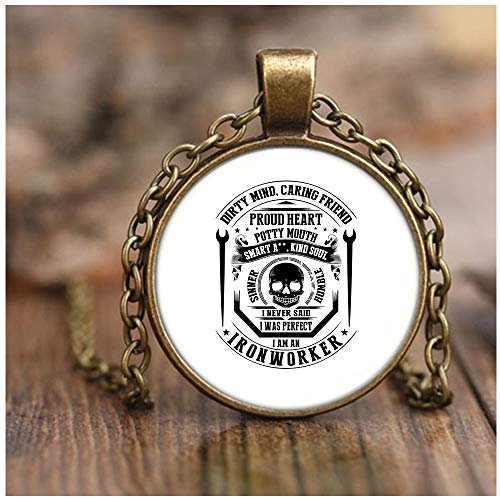 OMANECK I'm an Ironworker Necklace Antique Brass, Gift for Ironworker Necklaces (Necklace - Antique Brass - White)