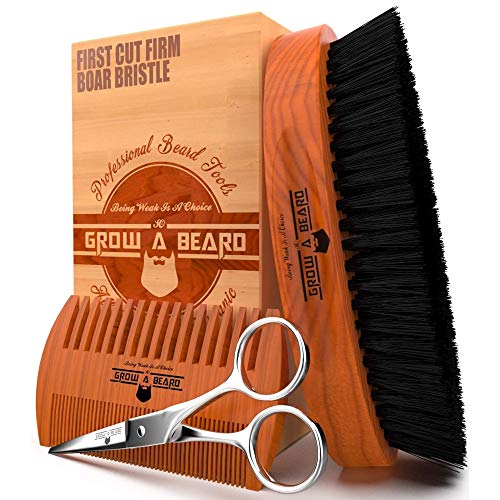 Beard Brush 100% Pure Firm Boar Bristles | Dual Action Comb & Mustache Trimming Scissors Presented in Premium Gift Box | Unique All Natural First-Cut Hard Hog Hair with Handle Pear-Wood, Mahogany Color