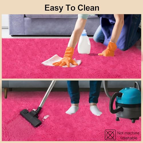 5x7 Rugs for Living Room, Large Fluffy Area Rugs for Bedroom, Soft Carpet Shag Kids Rug with 4 Non-Slip Rug Pads (Hot Pink, 5ft x 7ft)